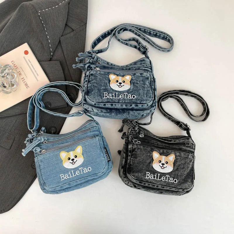 Korean Version Denim Crossbody Bag with Cute Dog Embroidery – Adjustable Strap, Multi-Pocket Small Sling for Women
