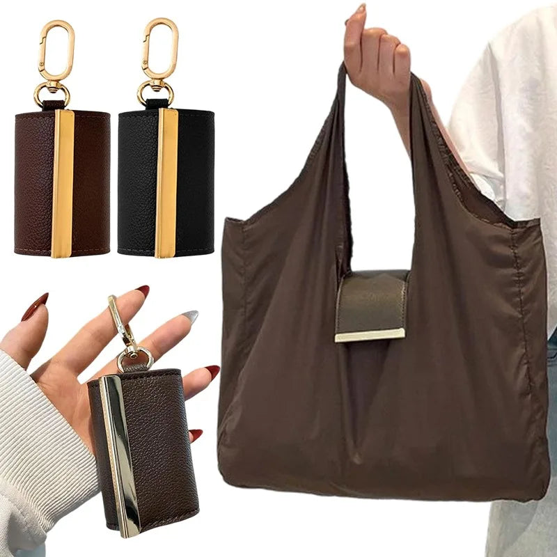 Foldable Tote Bag Women Large Capacity Shoulder Bag Portable Keychain Design Shopping Bag PU Fabric Lightweight Travel Grocery