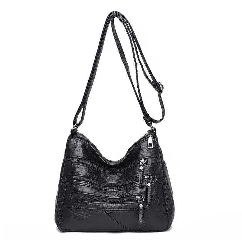 Washed Soft Leather Crossbody Bag for Women Double Layer Large Capacity Shoulder Box Bag Elegant Everyday Purse
