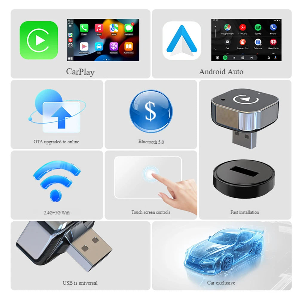 1-5pcs Wireless CarPlay & Android Auto Adapter Smart USB Dongle Auto Connect Plug Play for iPhone and Android Factory Wired Cars