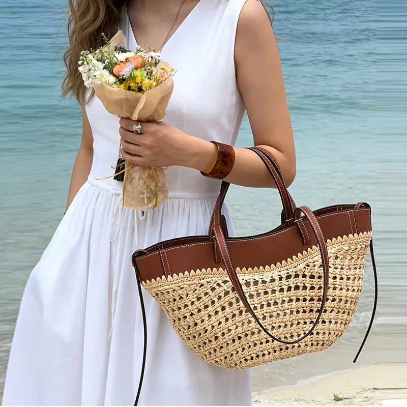 Large Capacity European and American Woven Shoulder Bag, New Basket Hand Tote, Fashion Woven Bag for Beach Vacation