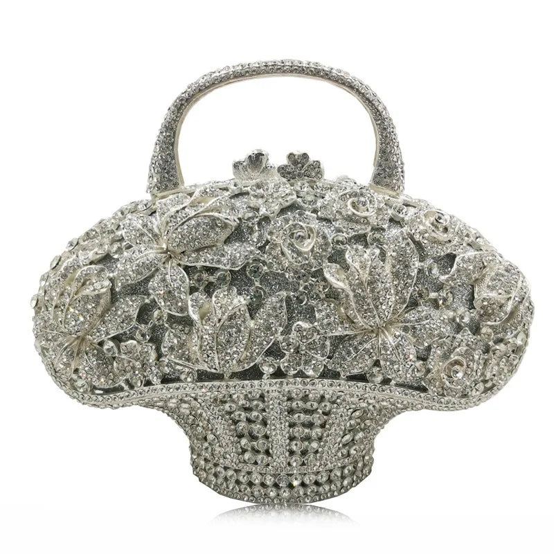 Flower Basket Diamond Dinner Bag Metal Hollow Hand-Held Rhinestone Women's Bag Banquet Clutch Purse Crystal Vintage Handbags