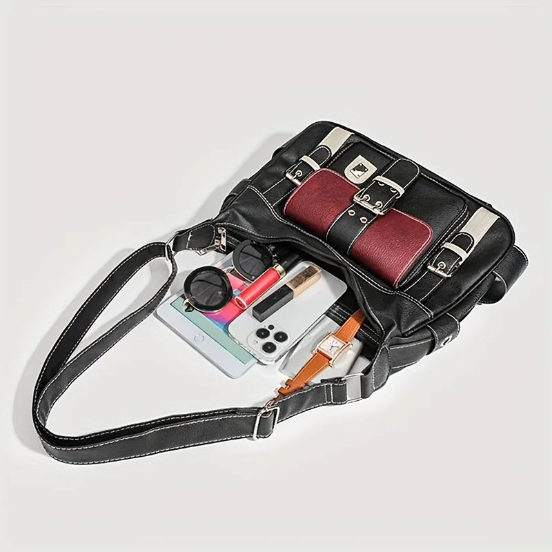 Vintage Leather Women's Bag, Y2k Spicy Girl Motorcycle Crossbody Bag, Large Capacity Contrasting Single Shoulder Bags