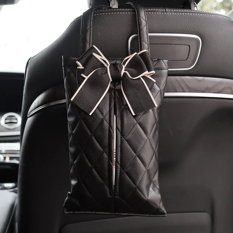 Fashion Bowknot Leather Car Tissue Boxes Cute Auto Seat Back Tissue Bag Organizer Car Decoration Auto Interior Storage Bag