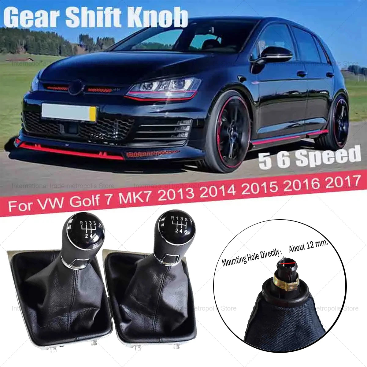 Leather Shift Knob Assembly For Volkswagen VW Golf 7 MK7 (2013-2017) | Fits 5 & 6 Speed left-hand drive