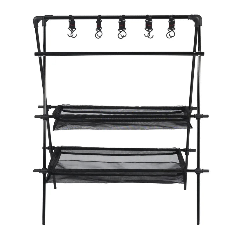 Camping Triangle Shelf Aluminum Alloy Folding Double-Layer Large Capacity with Hook Net Bag Outdoor Glamping Picnic Hanging Rack