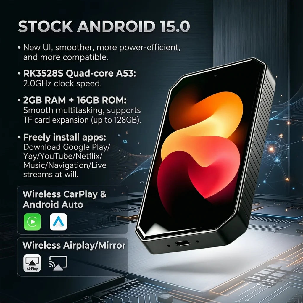 2026 CarRocket Android 15 CarPlay Ai Box Wireless Android Auto USB Adapter Plug & Play Universal TV Box For Youtube Netfl