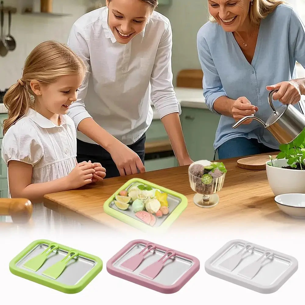 Ice Cream Maker Pan with 2 Scrapers Ice Cream Maker Plate Multifunctional Cold Sweet Fried Food Plate Rolled Ice Cream Maker