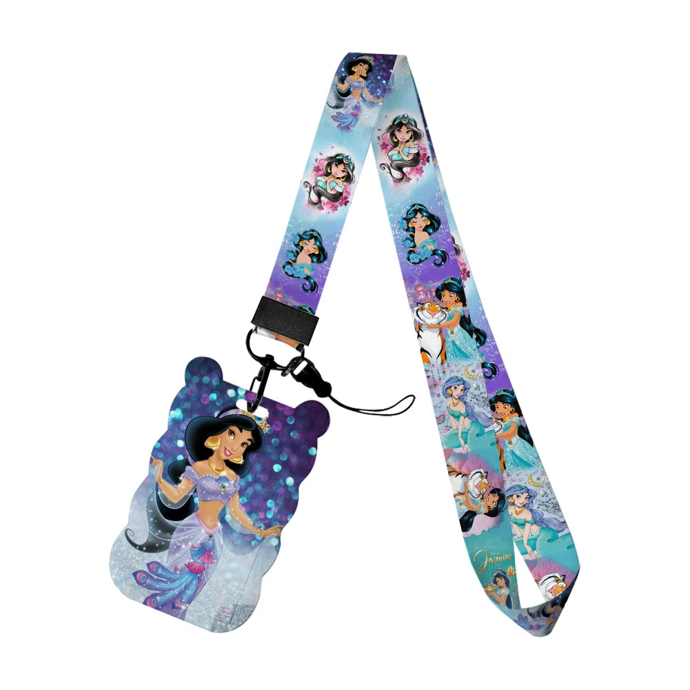 Disney Jasmine Princess Irregular Head Shape Badge Holder Lanyard Keys Chain ID Credit Card Cover Bus Card Holder Glitter Charms