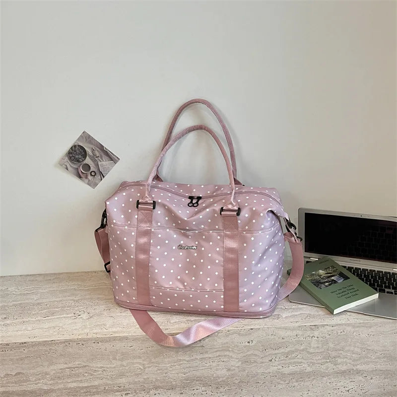 Korean Polka Dot Lazy Style Large Capacity Women's Luggage Bag Travel Handheld Short Trip Business Commuting Bag Lightweight ...