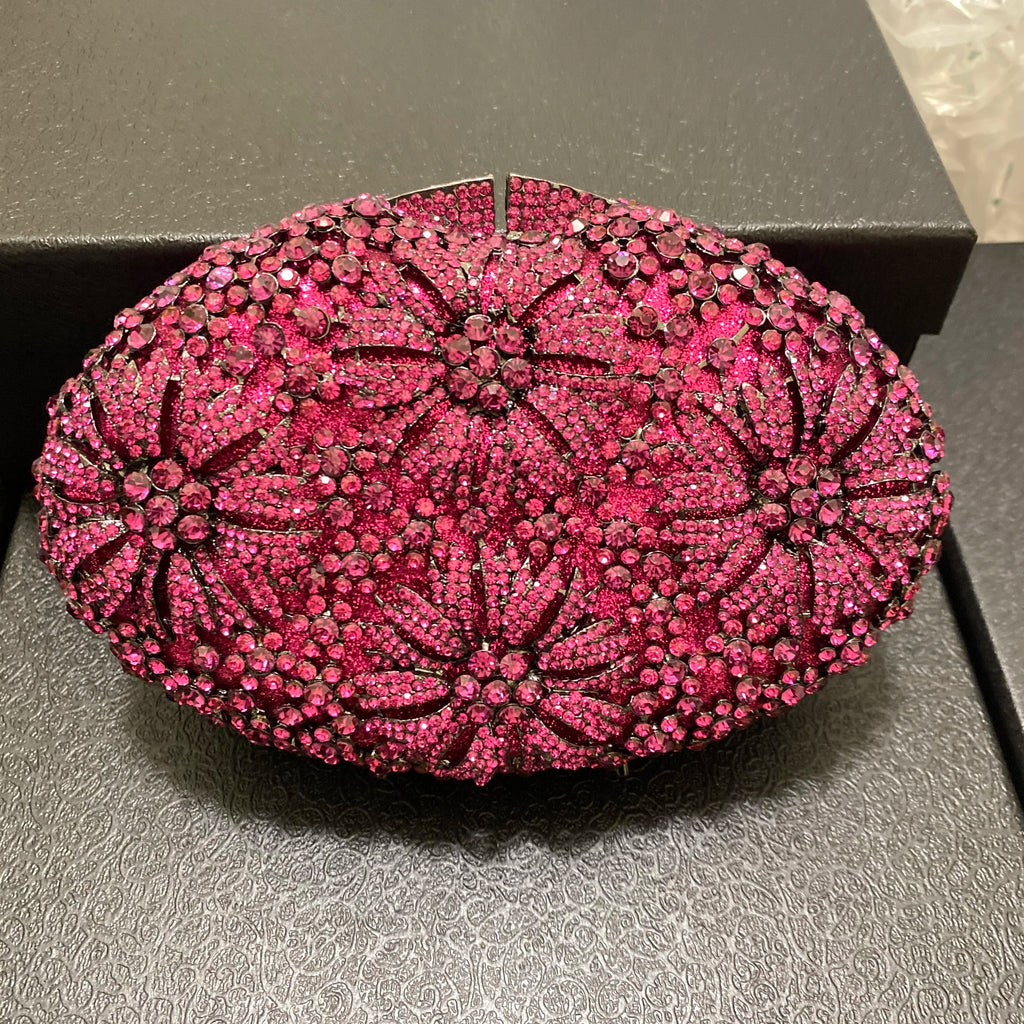 WHTUOHENG Oval Shape Fuchsia Diamond Floral Evening Clutch Women Pink/Purple Rhinestones Flower Girls Party Wedding CrystalPurse