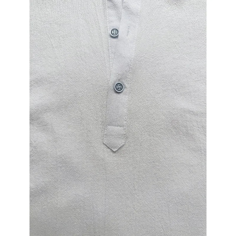 2026 summer cross-border men cotton and polyser stand collar short sleeved shirt loose casual Henley shirt for men