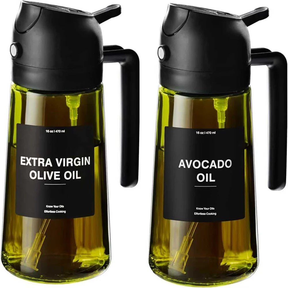 470 ML Oil Sprayer for Cooking, 2-in-1 Olive Oil Dispenser and Oil Bottle with Stickers, Thick Glass Spray Bottle