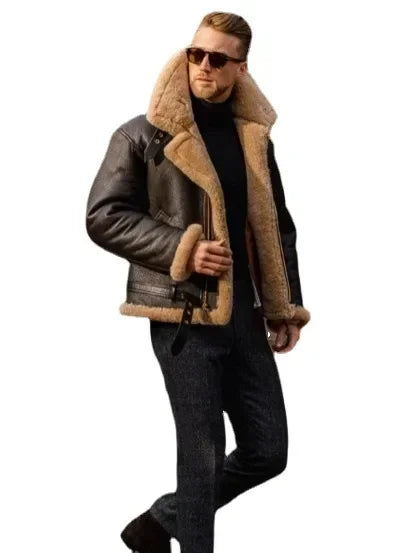 Men Autumn Winter Coat Jacket Faux Leather Solid Color Turndown Collar Zippers Pockets Warm Comfortable Fashion Casual Regular