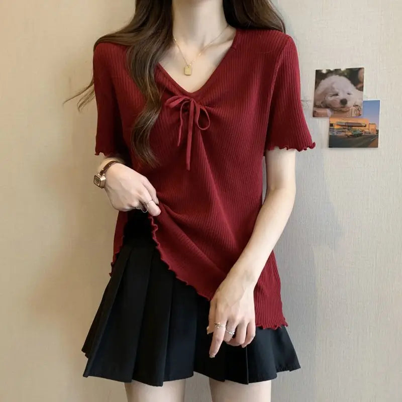 Plus-size women's spring and summer new pure color slimming and age-reducing rope-tied ribbed short-sleeve T-shirt