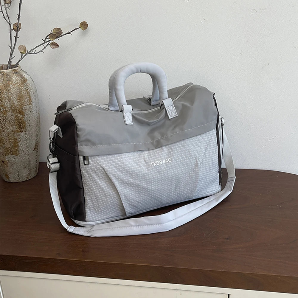 Duffle Bag Travel Handbag Detachable Shoulder Strap Grid Splicing Expandable Storage Bag for Weekend Trip Sightseeing Outing