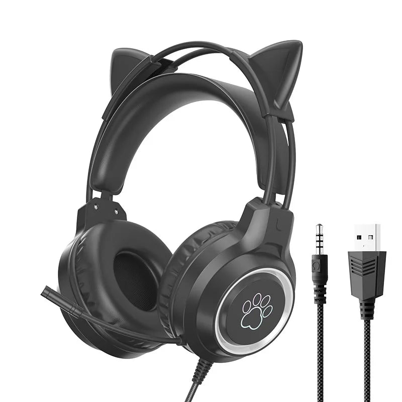 RGB Gaming Earphones with High-Definition Flexible Microphone 3.5mm Gaming Earphones Detachable Cat Ears and Deer Antlers