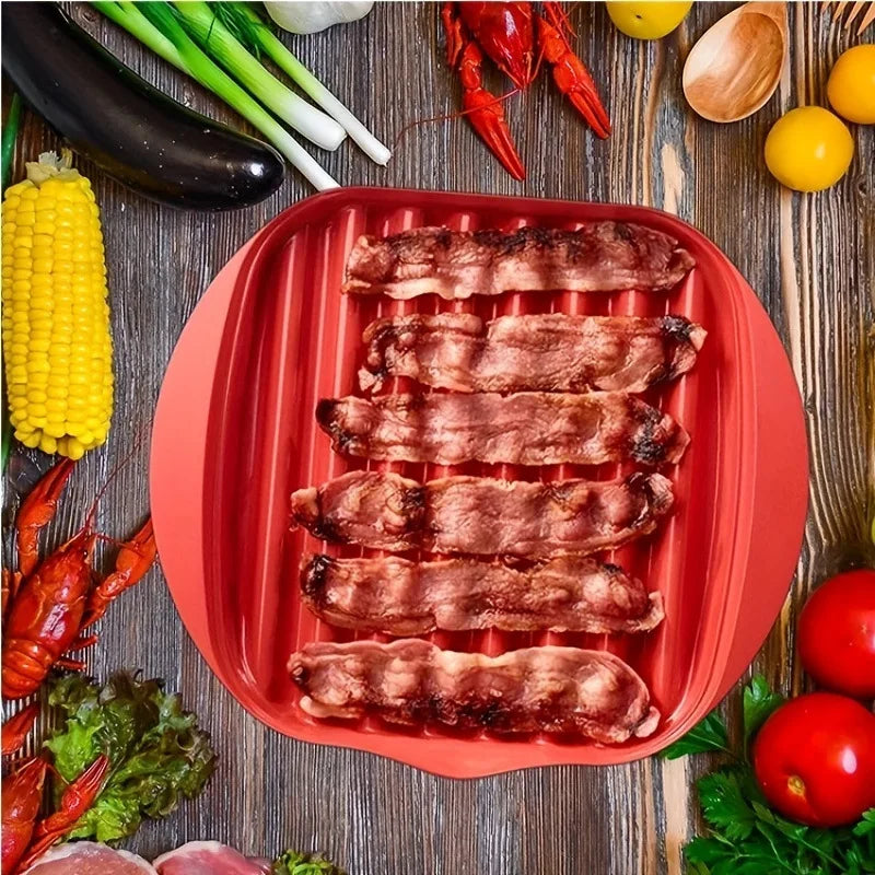 Microwave Bacon Tray with Splatter Lid Safety Quick and with No Mess Pizza Tray in Few Minutes Efficient Food Prep Kitchen Tools