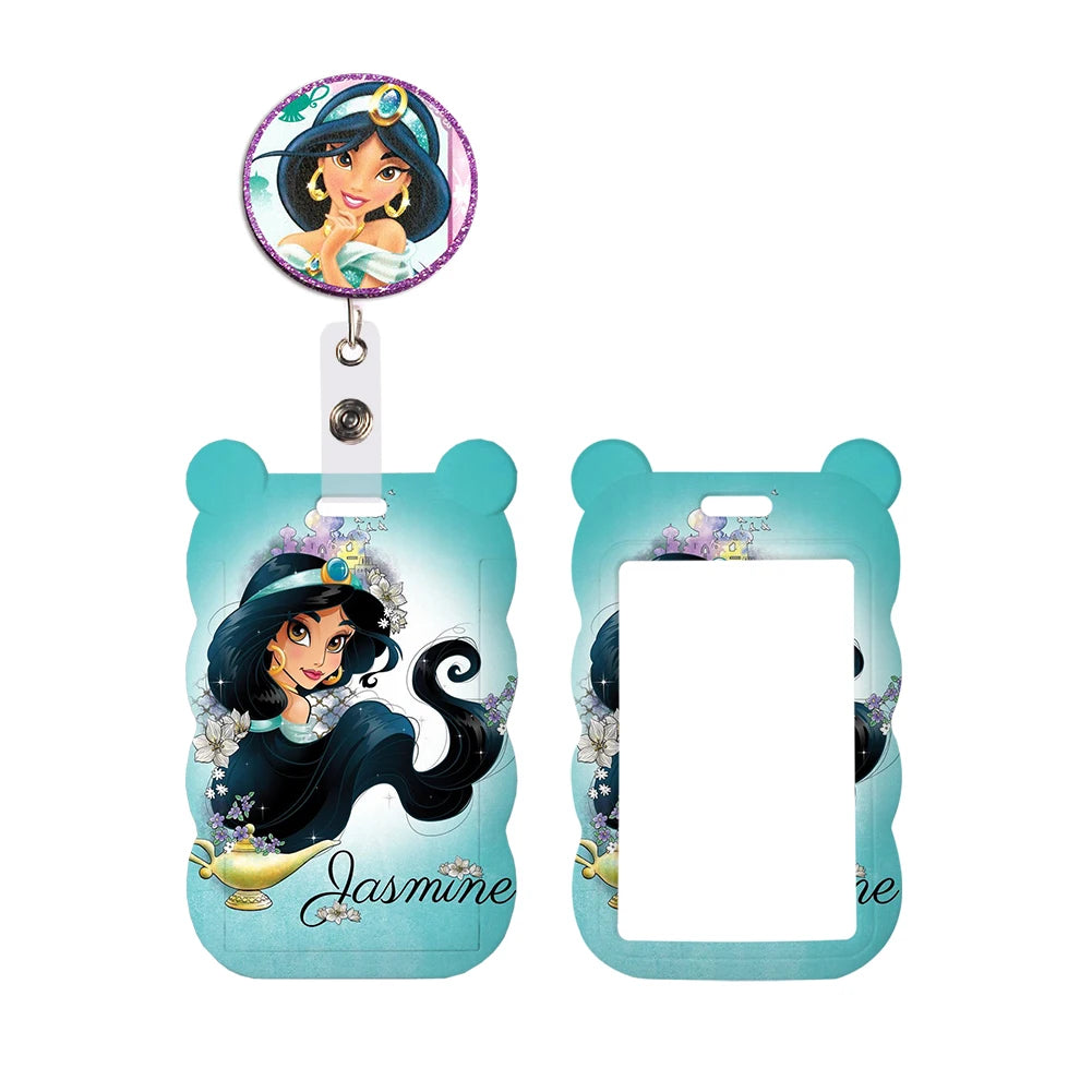 Disney Jasmine Princess Irregular Head Shape Badge Holder Lanyard Keys Chain ID Credit Card Cover Bus Card Holder Glitter Charms
