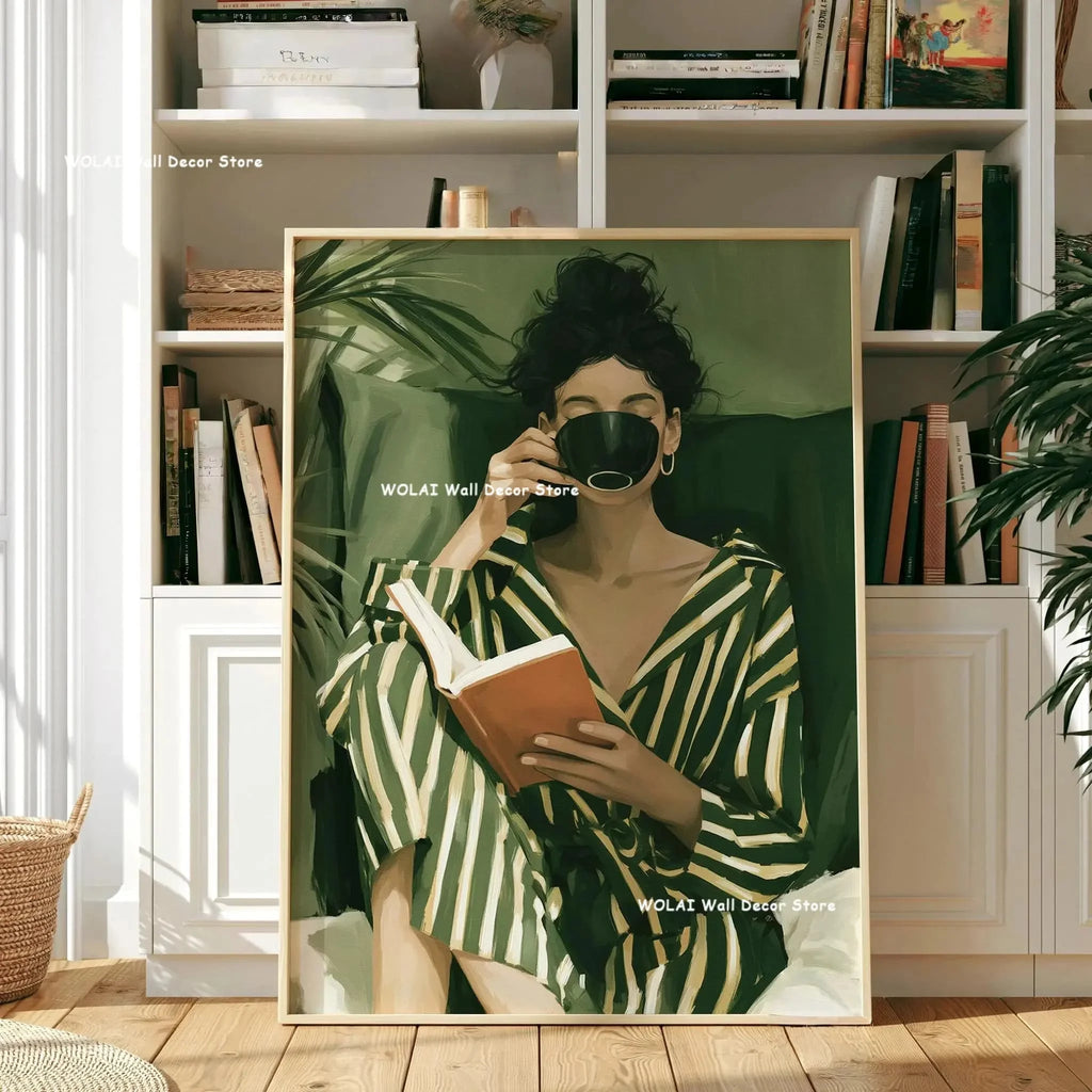 Green Abstract Figures Canvas Print with Flower Woman Minimalist Japandi Female Portrait Art Poster for Modern Living Room Decor