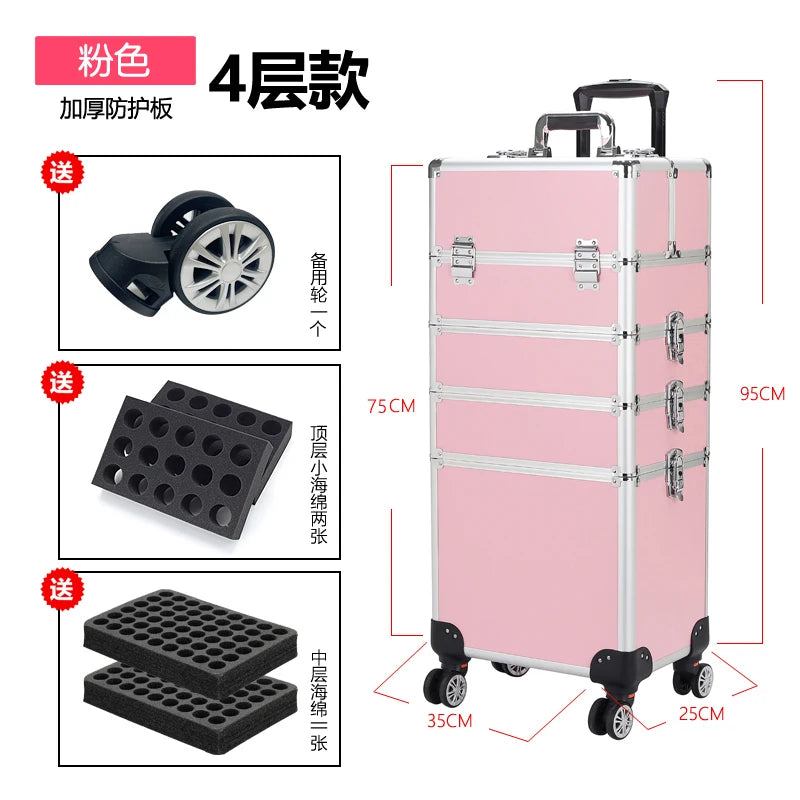 Professional Manicure Suitcases Travel Multilayer Large Capacity Makeup Valises Aluminium Luggage Trolley Tool Box Customized
