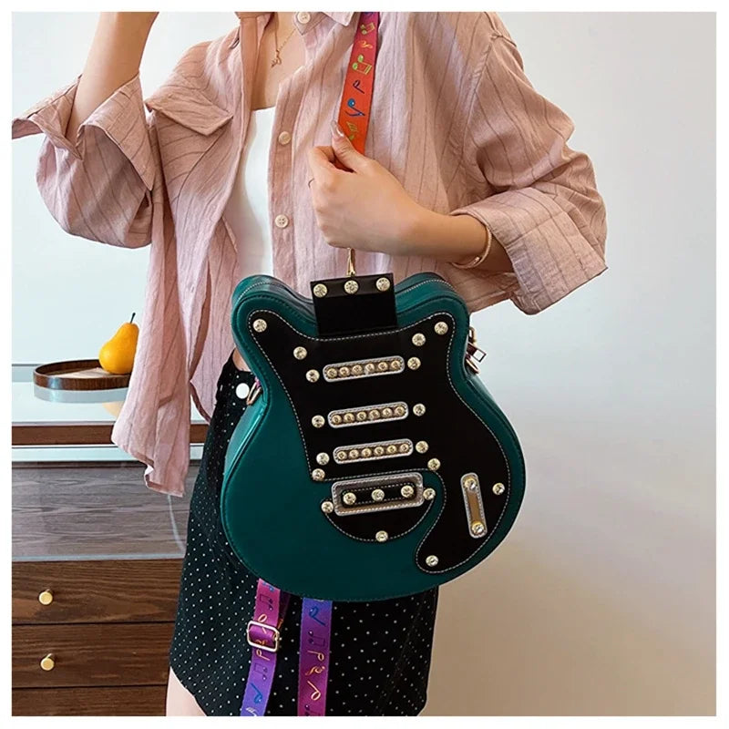 Fashion Guitar Shape Bag Hard PU Purse for Women Rivet Personality Design Popular Crossbody Shoulder Backpack Handbag