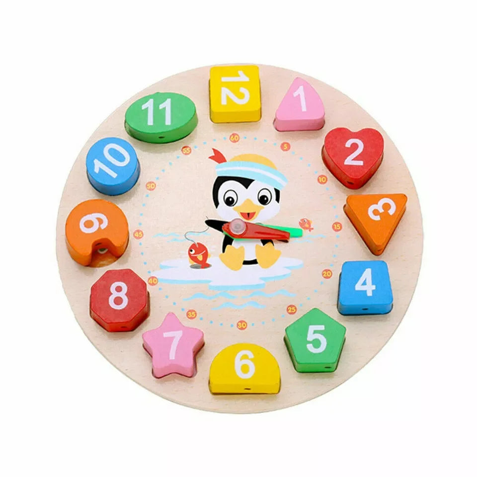Clock Toy Wooden Teaching Clock Penguin Clock Toys Teaching Time Number Puzzle Stacking Montessori Educational Toys for Kids