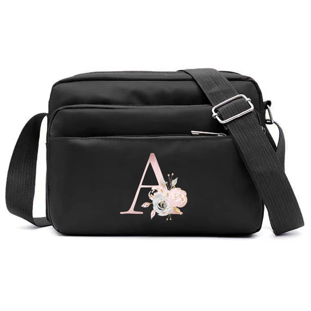 New Simple Black Storage Bag Multi-layer Travel Leisure One Shoulder Crossbody Bag Pink Flower Letter Series Printing Pattern