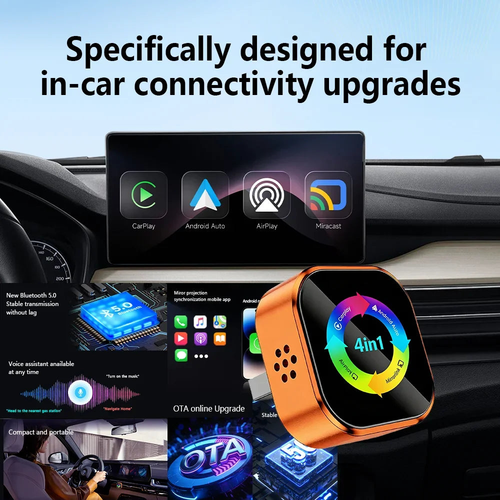 2026 4‑in‑1 Wireless CarPlay Adapter Plug‑and‑Play Bluetooth Converter for Android Auto Airplay & Mirror Link for IPhone Phones