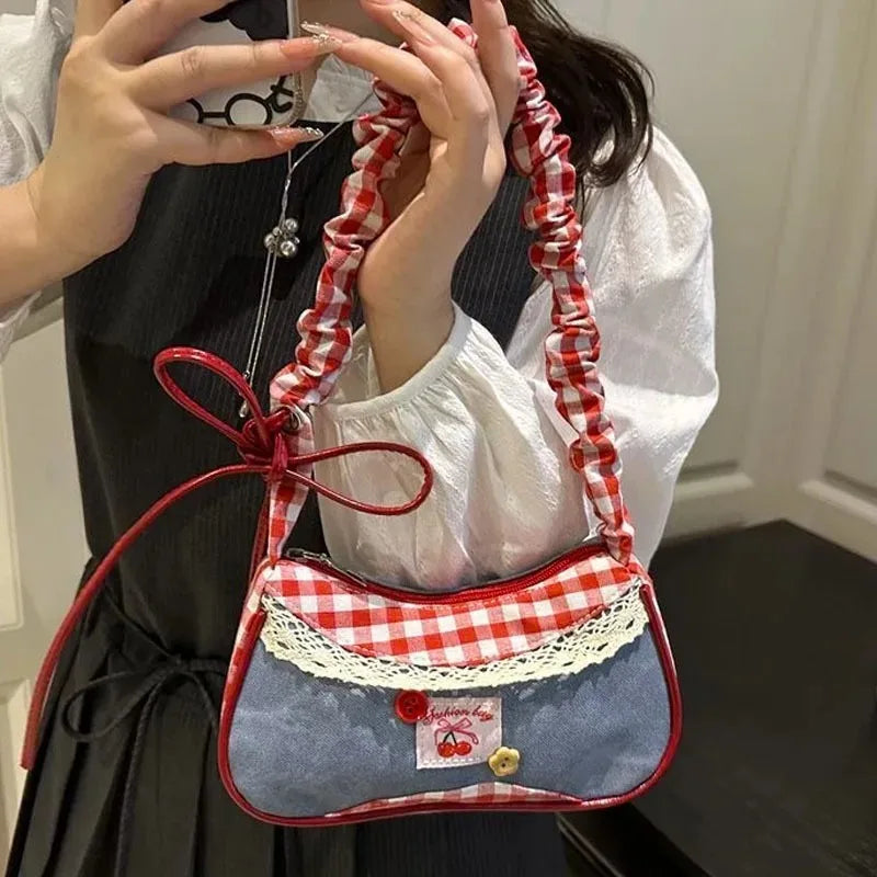 Y2K Grid Bowknot Underarm Bag Women Lace Shoulder Bag Korean Style Aesthetic Handbag Large Capacity Crossbody Bag Fashion Cute