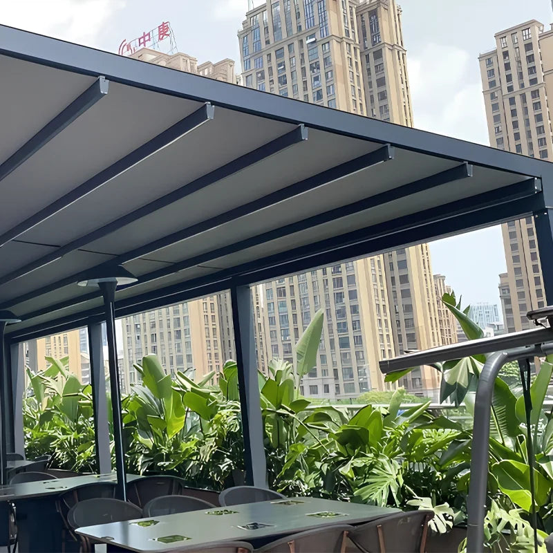 Motorized Retractable Pergola Roof Waterproof Sunproof Folding Awning with Integrated LED Lighting for Patios Gardens