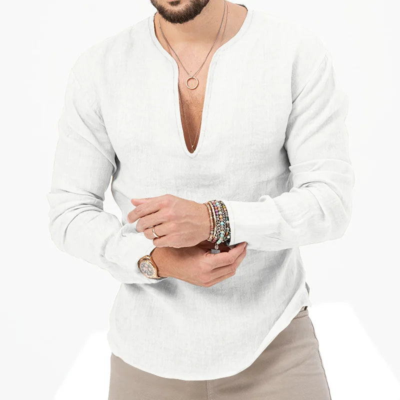 2026 Henry Linen Long Sleeve T-Shirt Men's Slim Fit Solid Color European and American Large Size Deep V-Neck Top Men