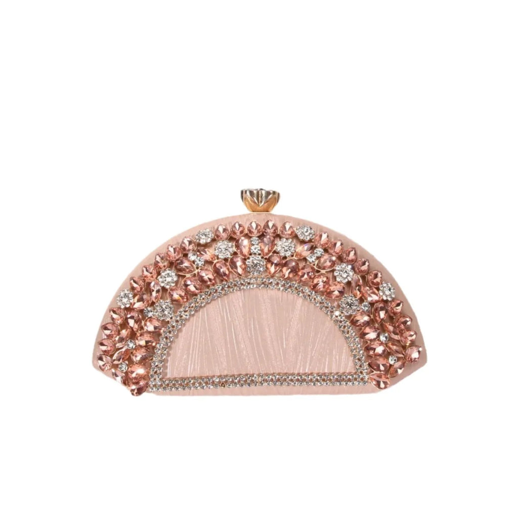Luxury Collection Four Elegant Semi Circular Handbags in Black Pink Silver Sparkling with Golden Accents Colorful Gems