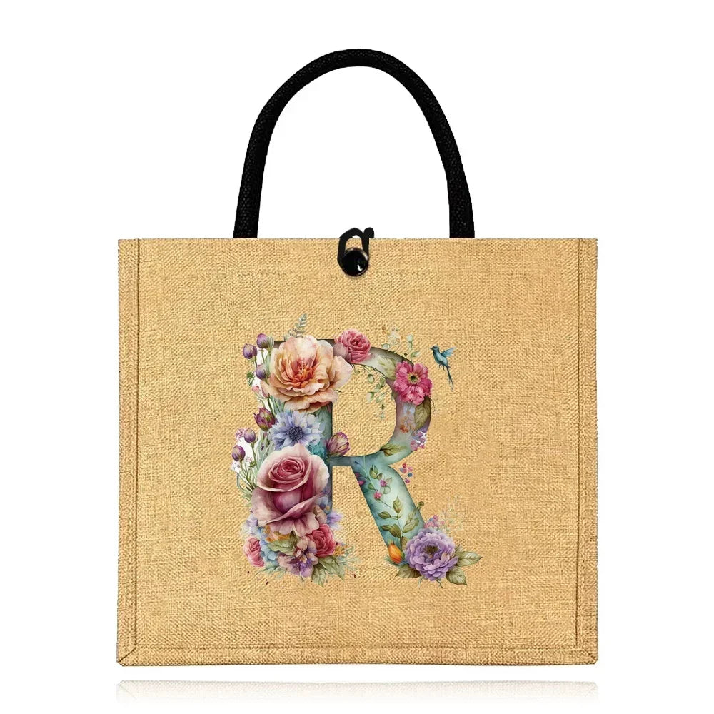 Flax Bag Fastener Handbag Organizer Storage Jute Tote Bags Imitation Cotton Women Valise Portable Floral Letter Printing Series