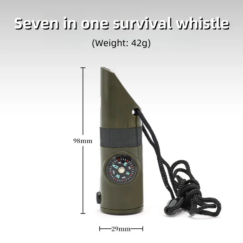 1Pcs 7 in 1 Multifunction Survival Whistle Compass Thermometer LED Light Outdoor Emergency Rescue Camping Hiking Safety Tool EDC