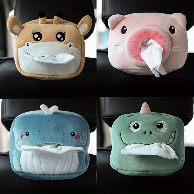 1Pc Cute Cartoon Plush Tissue Storage Bag Hanging Tissue Box for Car Seat Back Armrest Sun Visor Interior Decor Accessory Friend