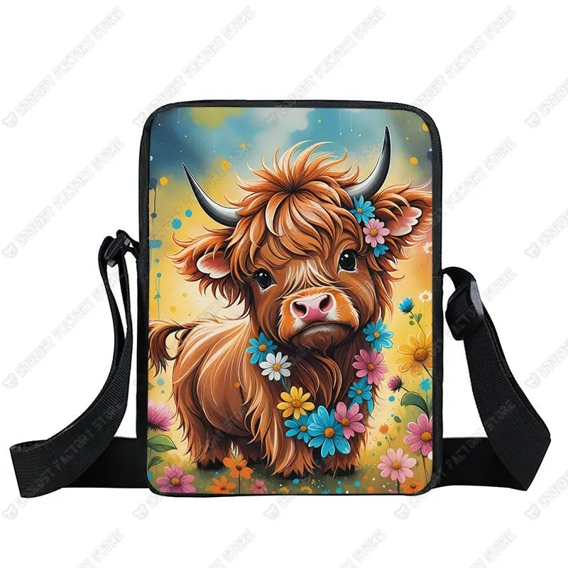 Scottish Highland Cows Print Crossbody Bag Highland Cow Sunflower Women Handbag Key Money Phone Holder Messager Shoulder Bag