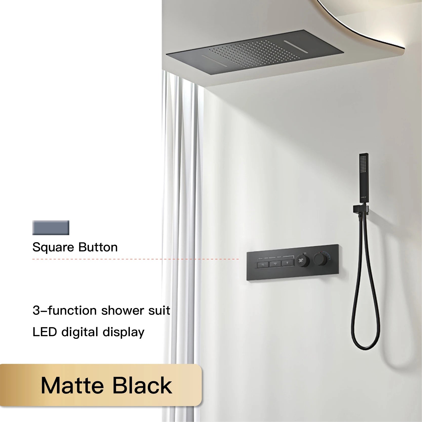 Luxury Black Brass Shower System Wall-Mounted LED Digital Display Design Cold & Hot Dual-Control 4-Function Ceiling Shower Tap