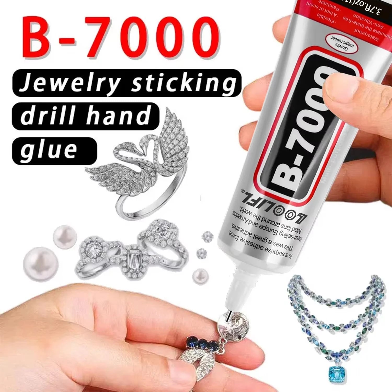 LOOLIFL 3 Pack 110ml B7000 Clear Glue, Multi-Purpose Adhesive with Rhinestones Kit, Precision Tips, Dotting Tools, Tweezers & Pencil for Bedazzling, Jewelry Making, Nail Art, Fabric, Shoes, Phone Repair & DIY Crafts