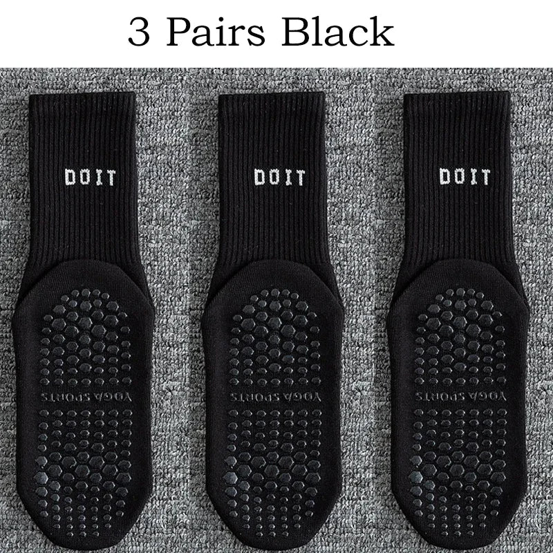 3Pairs Yoga Socks for Women Cotton Solid Mid Calf Pilates Socks Simple Sports Dance Fitness Training Cushion Socks