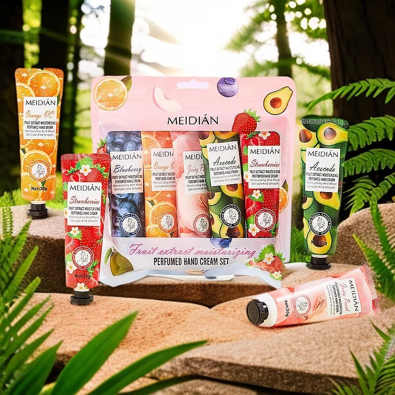Five piece fruit scented hand cream for moisturizing and long-lasting fragrance retention. Hand care mask cream