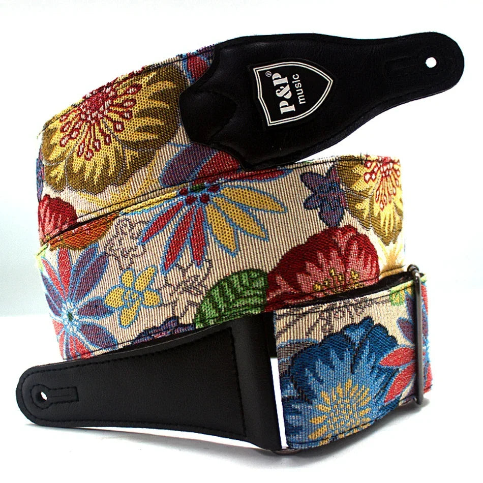 P&P Adjustable Embroidered Cotton Guitar Strap Widening and Thickening for Electric Acoustic Guitar Bass Belt