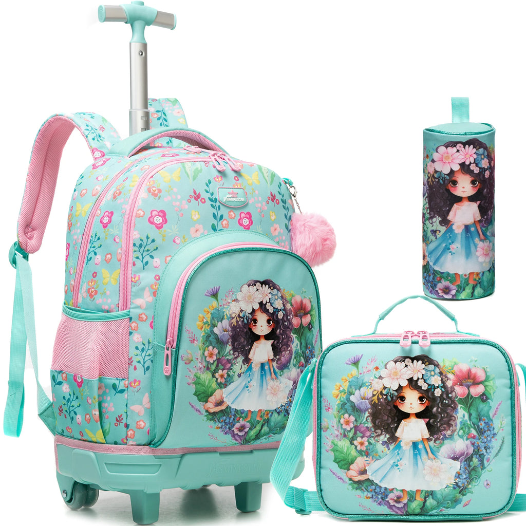 3-Piece Girls Stylish Rolling Backpack Set Perfect for Girls with Wheeled Luggage Lunch Bag Pencil Case for School Travel