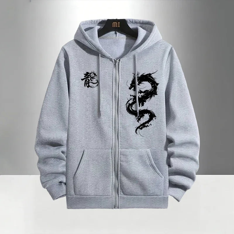 Chinese Dragon Print Tracksuit for Men Zipper Hooded Sweatshirt and Black Sweatpants Urban Causal Fashion Hoodies Outerwear Sets