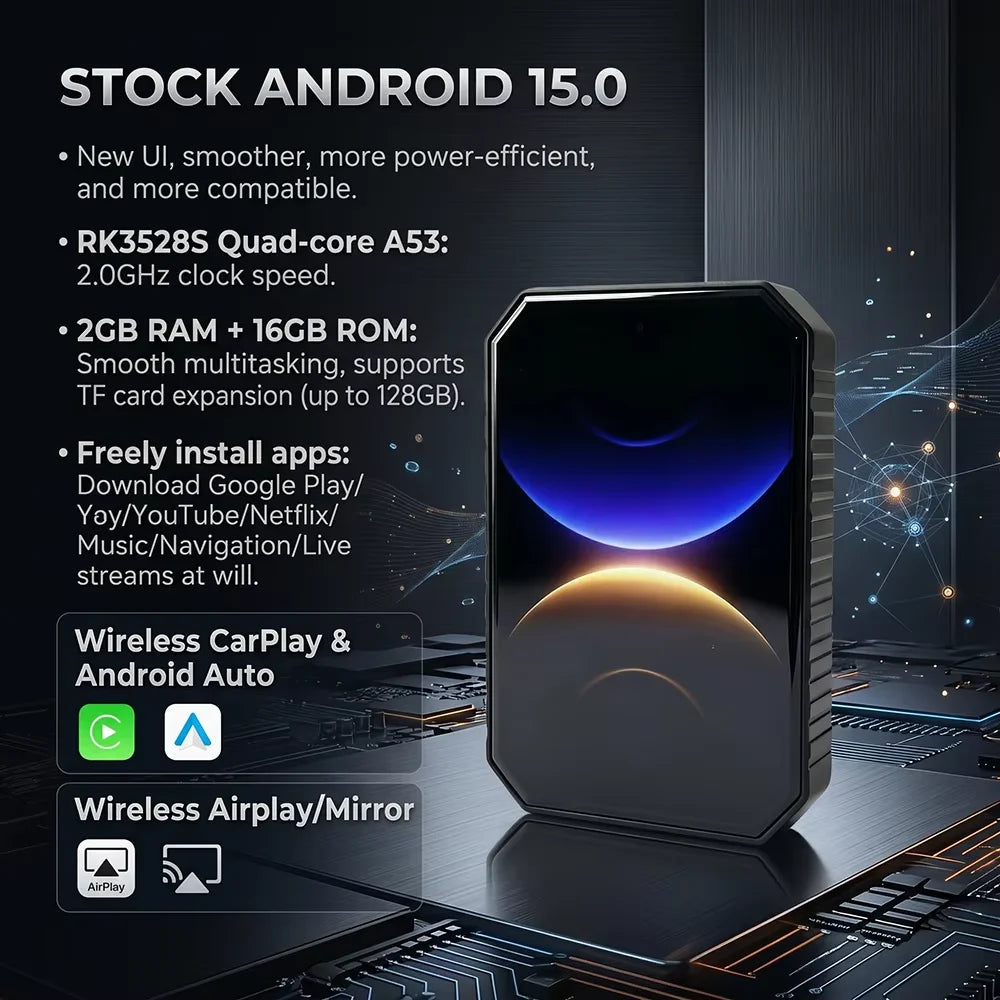 PLAYAIBOX CarPlay Ai Box Wireless CarPlay Android TV Box Let Wired CarPlay To Smart Android 15 System Built in Youtube Netflix