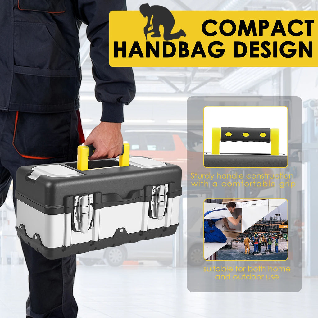 Portable Tool Box Heavy Duty Plastic and Stainless Steel Tool Storage Case with Removable Tray for Electrician Auto Repair