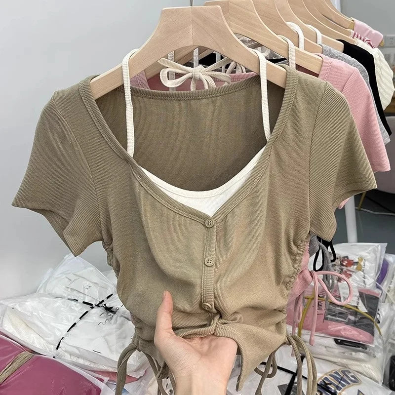Sweet And Spicy Short Sleeve T-Shirt Neck Hanging Design Slimming Short Style Korean Version Commute Wind Women's Top