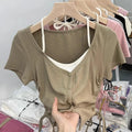 Sweet And Spicy Short Sleeve T-Shirt Neck Hanging Design Slimming Short Style Korean Version Commute Wind Women's Top