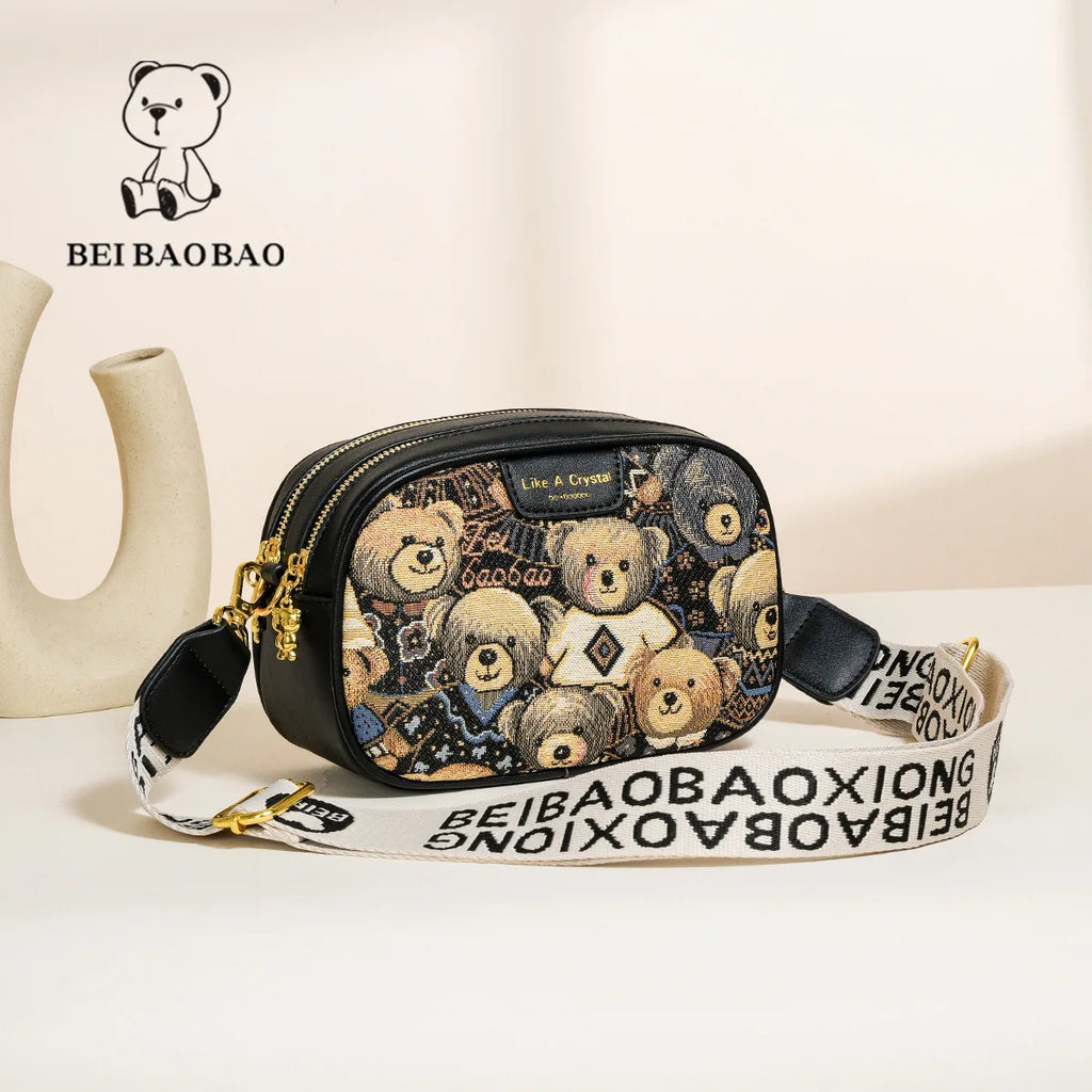 Beibaobao 2025 Summer New Canvas Fashion Women's Bag Bear Single Shoulder Crossbody Bag Casual Women's Bag