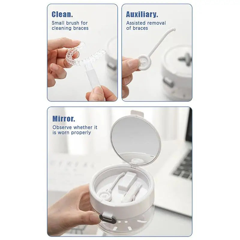Portable 2 In 1 Multi-layer Denture Retainer Case With Clip-on Cap Cleaning Storage Box With Cleaning Brush No-Leak Oral Box